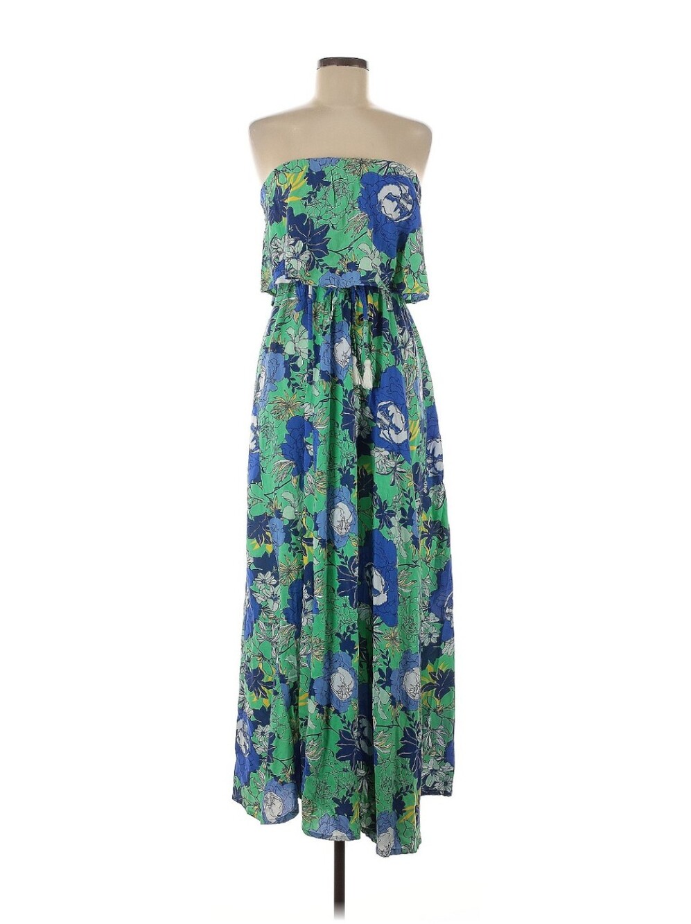 Strapless Floral Maxi Dress in Green & Blue Size M
